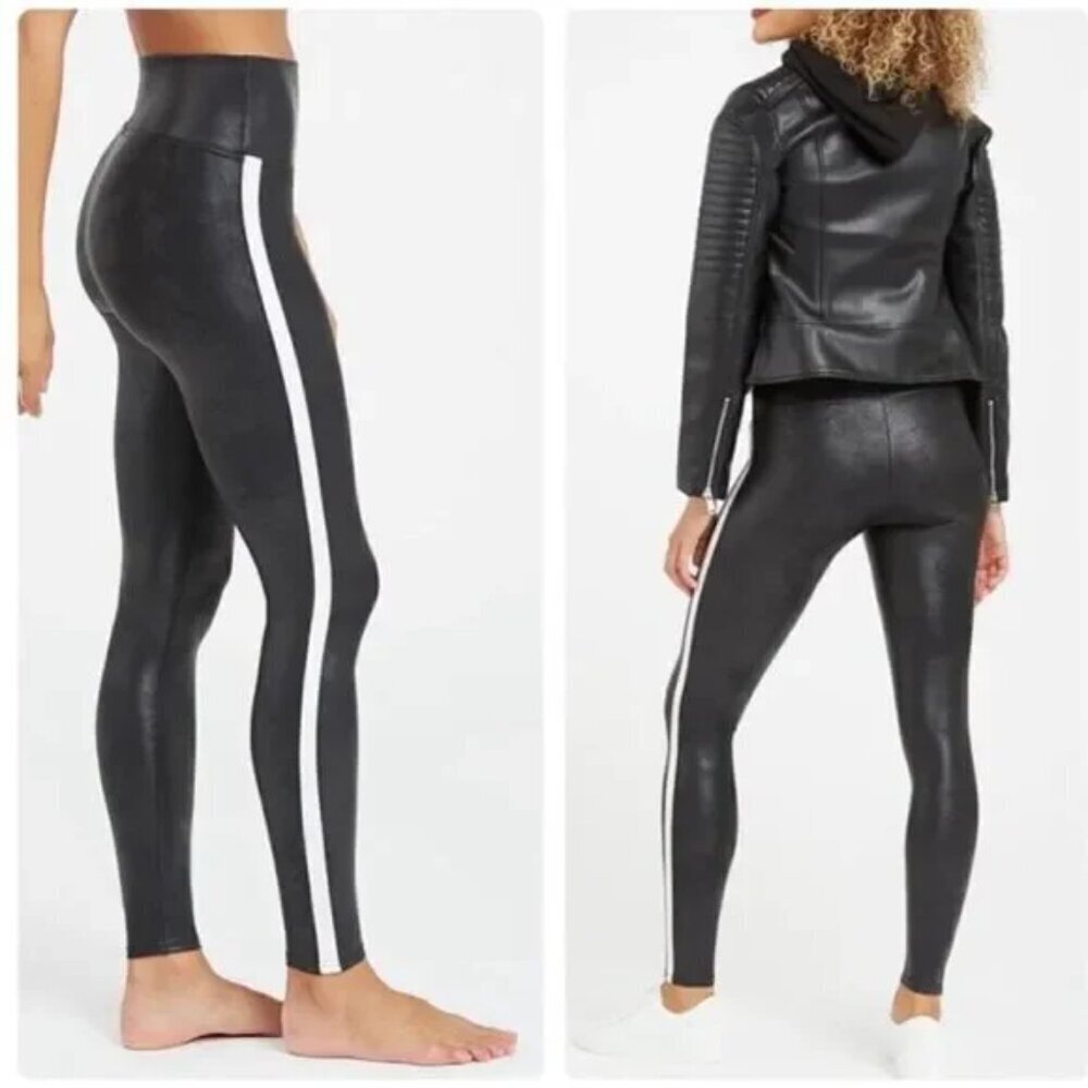 Spanx Black Faux Leather Leggings‎ Side Stripe Pants Tummy Control